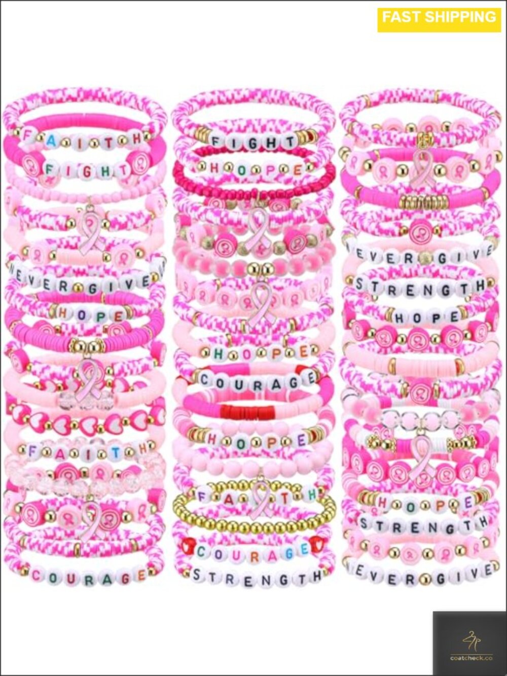50 Pc Breast Cancer Awareness Bracelets Polymer Clay Bead Stretch Stackable